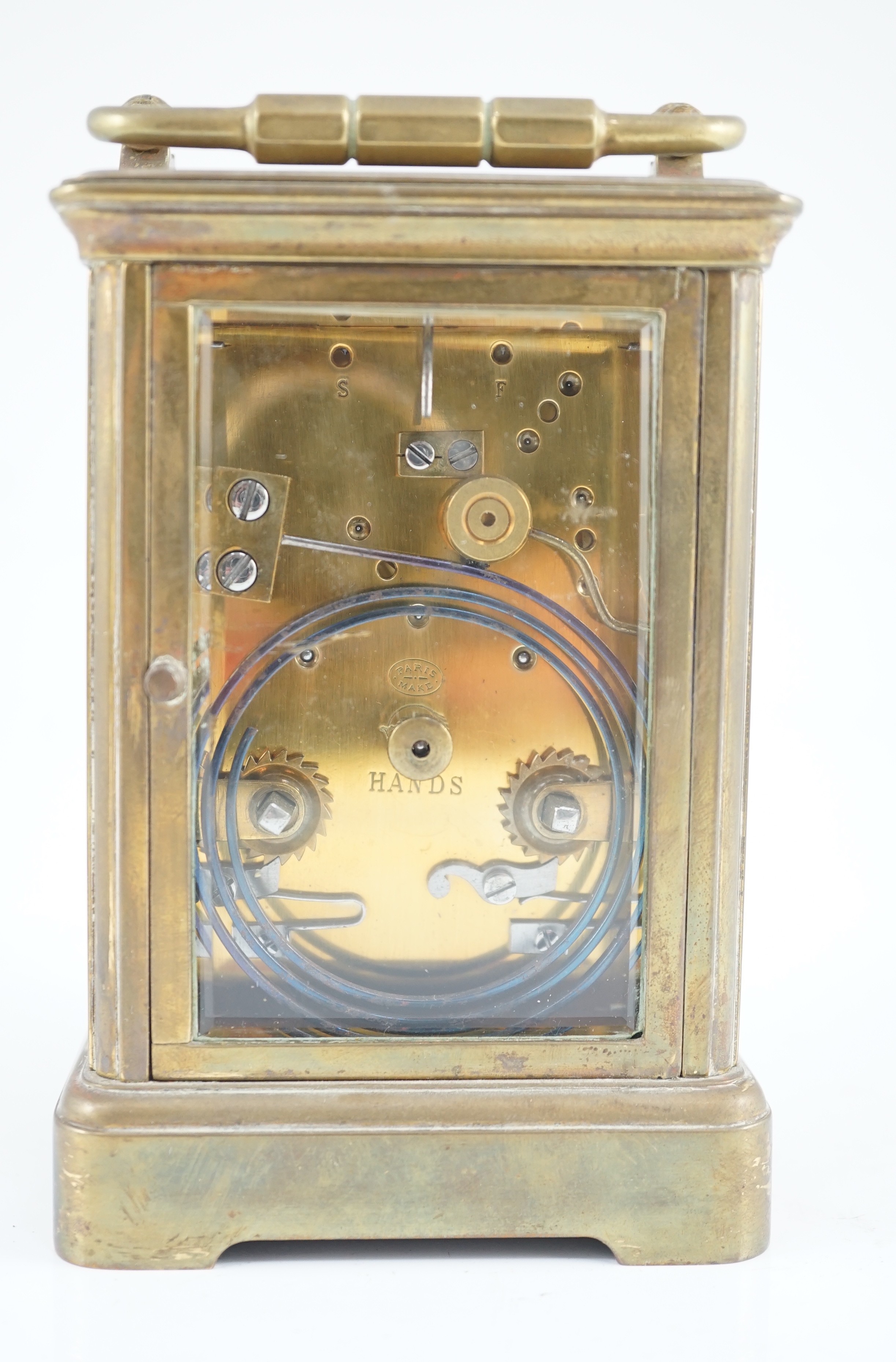 An early 20th century French brass carriage clock by Drocourt & Co. of Paris, 8.5cm wide, 7.5cm deep, 13.5cm high